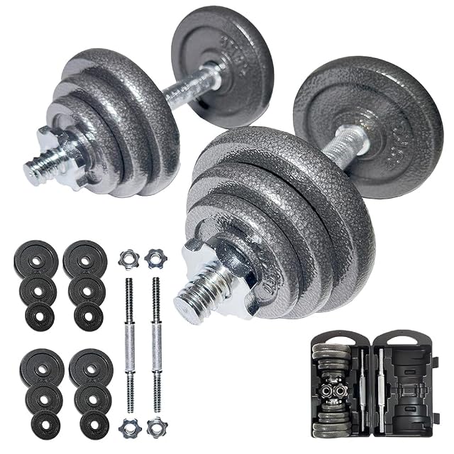 Set di manubri SPORTINATOR Machine con barre cromate e dischi in ghisa in una valigetta sagomata