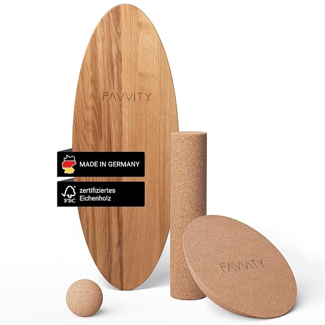 Tavola in rovere FAVVITY con rullo di sughero, semisfera e palla, con le diciture Made in Germany e rovere certificato FSC