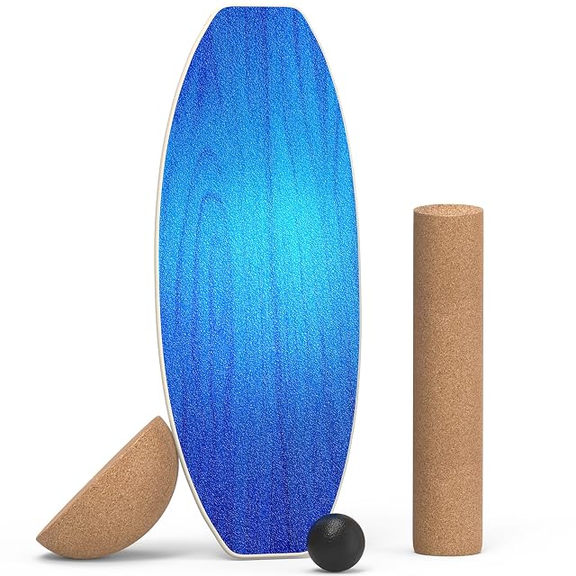 Tavola di legno tinta di blu OSTGWOO in piedi di taglio, con rullo di sughero, semisfera di sughero e palla di gomma nera