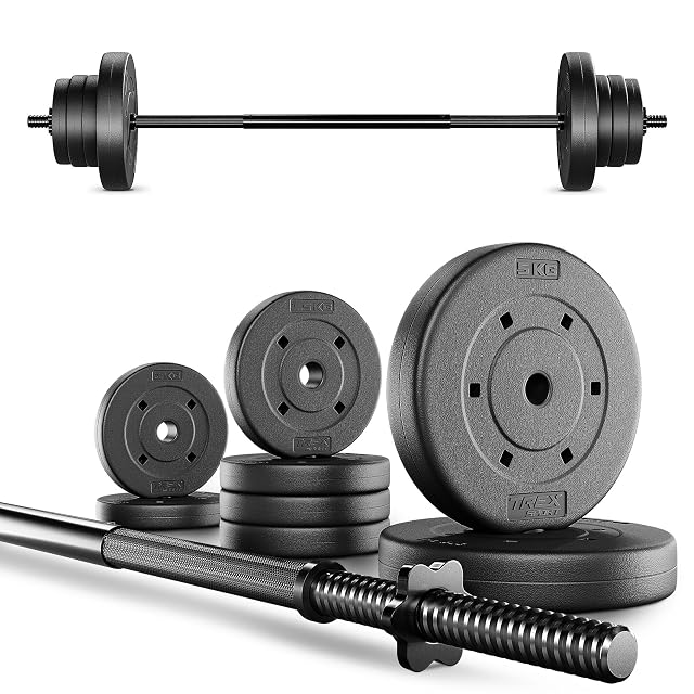 Bilanciere in acciaio TREX SPORT da 120 cm con otto dischi rivestiti di plastica e due fermi a stella