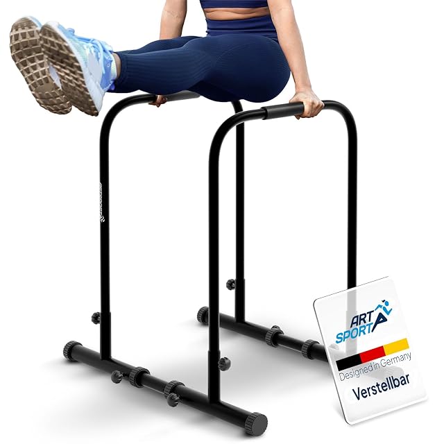 Parallele per dip regolabili ArtSport nere con quattro piedi, mostrate in coppia