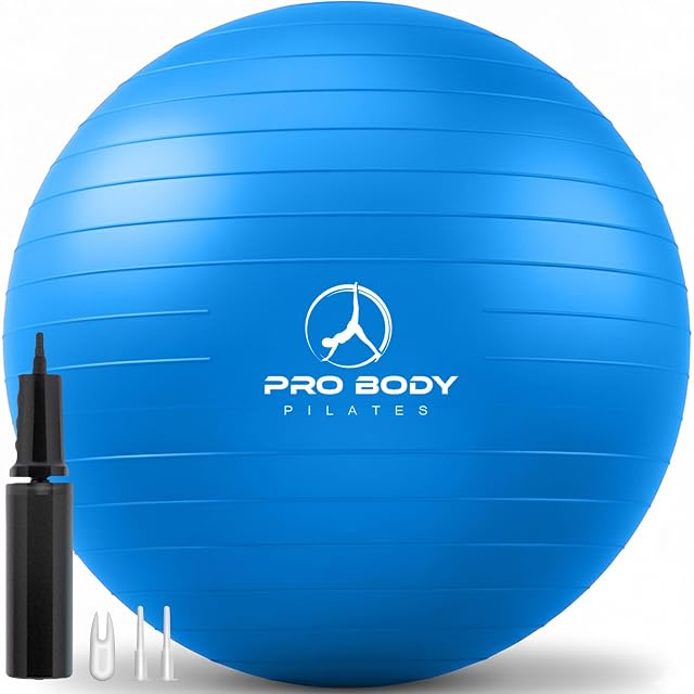Palla da stabilità ProBody Pilates blu da 65 cm con pompa, tappo ed estrattore di tappo