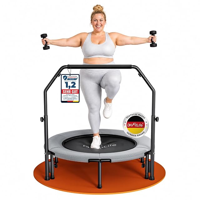 Minitramp DH FitLife grigio con maniglione a U che porta un cartellino Warentest Online 1,2