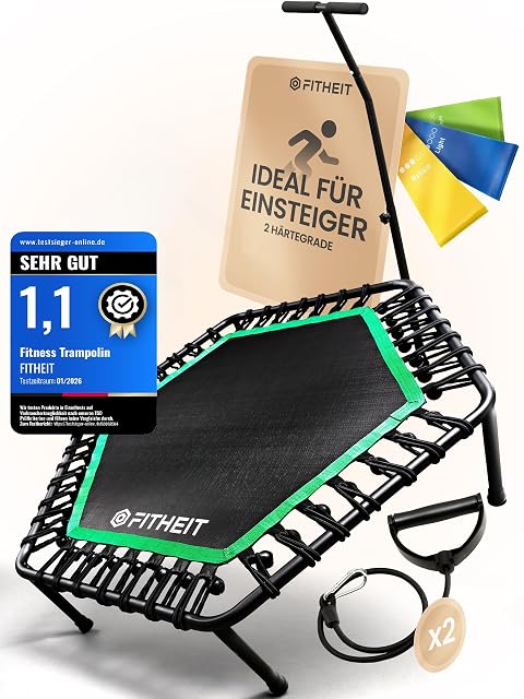 Tappeto elastico esagonale a elastici FITHEIT verde e nero con maniglione, bande e un distintivo testsieger-online 1,1