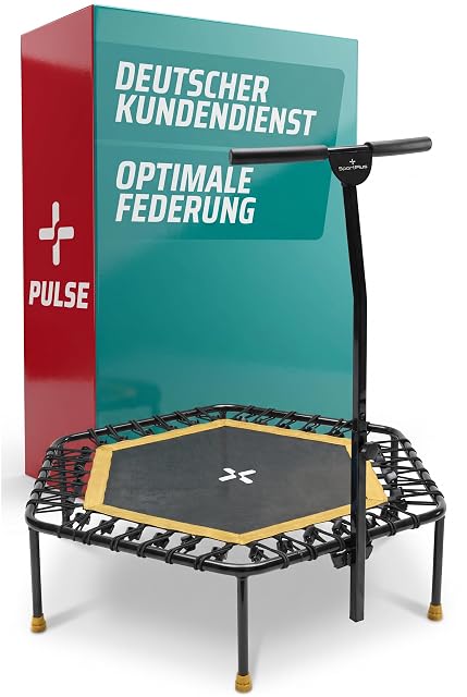 Tappeto elastico esagonale SportPlus, telo nero con bordo giallo e tappi gialli ai piedi, maniglione a montante singolo