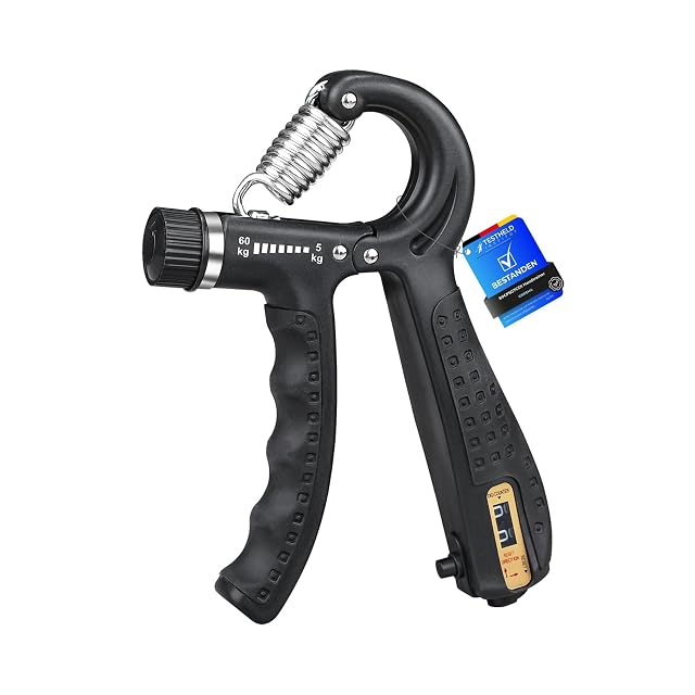 Gripper GRIFEMA nero con una ghiera da 5 a 60 kg e un contatore, un cartellino blu Testheld bestanden agganciato al manico