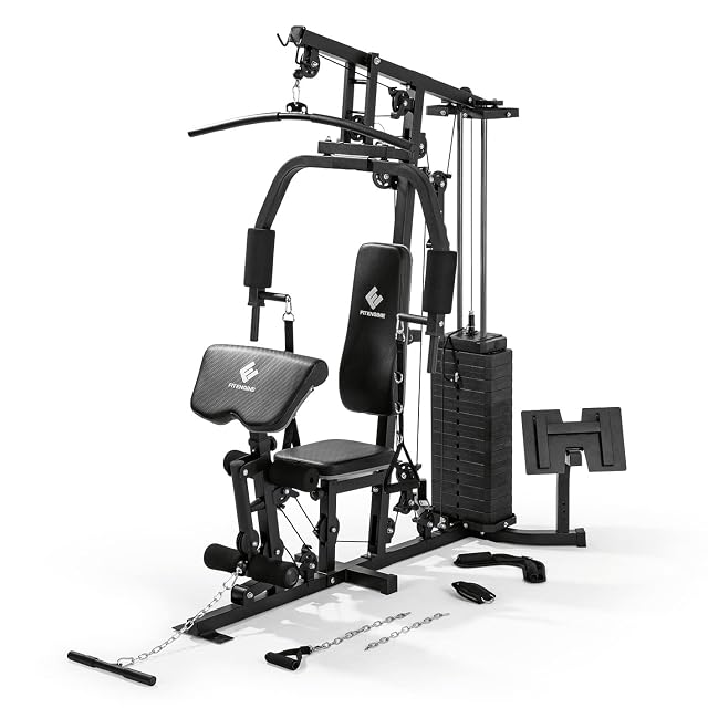 Home gym multifunzione FitEngine con barra lat, pacco pesi e rulli per le gambe