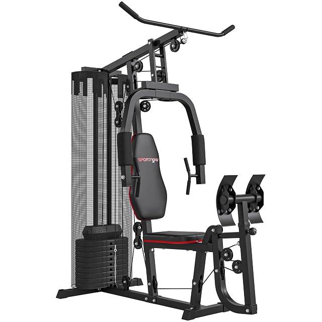 Torre home gym SPORTNOW nera con pacco pesi, stazione pettorali e pressa per gambe