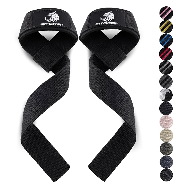 Coppia di cinghie da sollevamento Fitgriff in cotone nero imbottito con marcature sinistra e destra