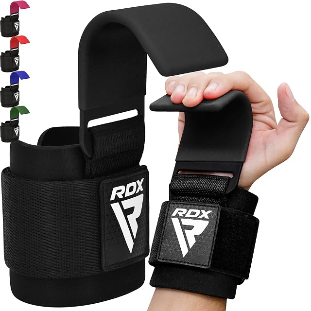 Ganci da sollevamento RDX neri con ganci d'acciaio rivestiti di gomma e cinturini da polso in nylon imbottito