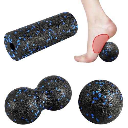 Tre pezzi Collazoey neri screziati di blu: un rullo cavo, una pallina a arachide e una pallina singola