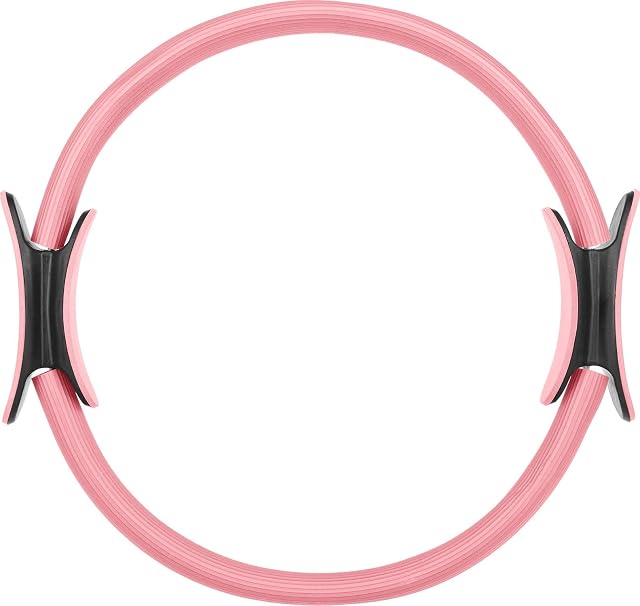 Anello pilates Gymtek rosa pallido con un'impugnatura nera sagomata stampata su ogni lato