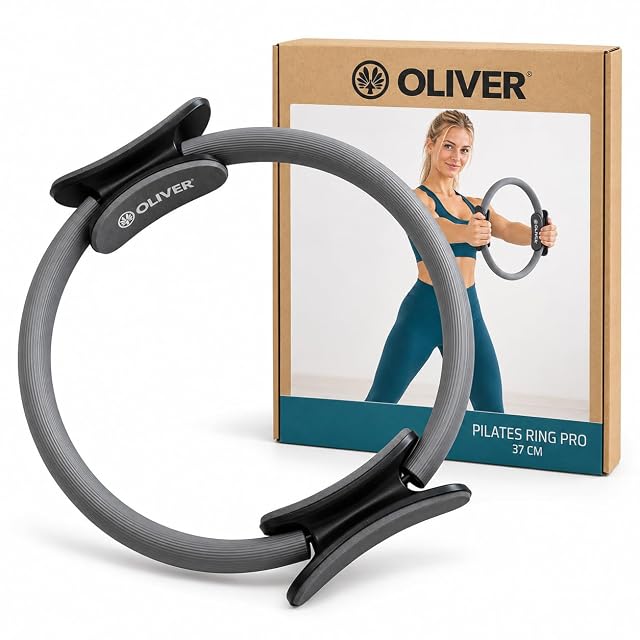 Anello pilates Oliver antracite accanto alla propria scatola di cartone con la scritta Pilates Ring Pro 37 CM