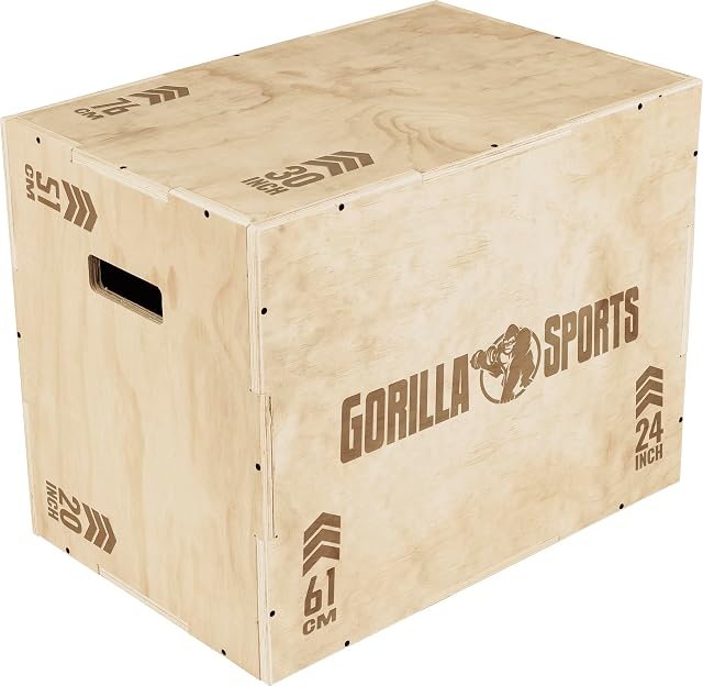 Cassa pliometrica GORILLA SPORTS con facce in pino chiaro, con frecce che segnano 51 CM, 61 CM e 76 CM su tre lati