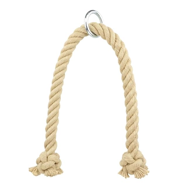Corda Kanirope in canapa sintetica chiara infilata in un anello d'acciaio, ogni estremità finita con un nodo invece che con un fermo stampato