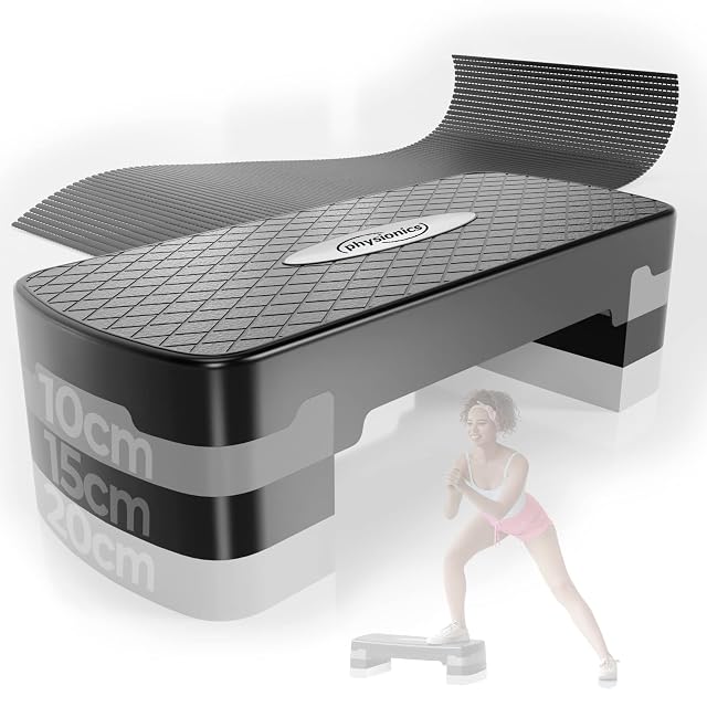 Tavola da step PHYSIONICS con superficie in gomma antiscivolo e tre regolazioni di altezza