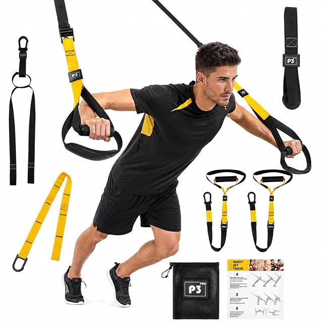 Set sling trainer nero e giallo marcato P3, con ancoraggio da porta, maniglie a tubo, cartoncino guida e sacchetto a rete