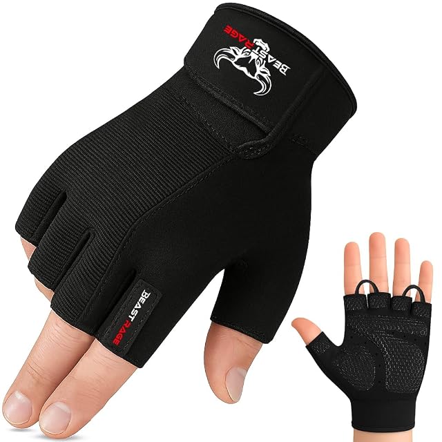 Guanti da allenamento BEAST RAGE neri a mezzo dito con palmo in silicone testurizzato