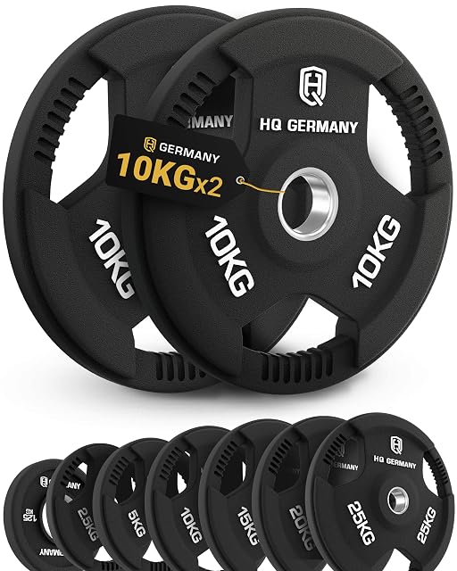 Coppia di dischi tri-grip HQ Germany rivestiti di gomma nera da 10 kg con tre fori per le mani