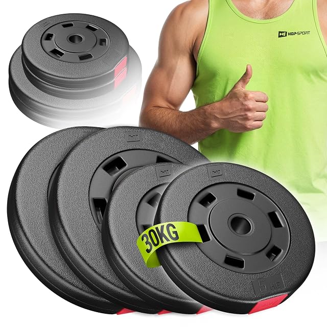 Set Hop-Sport di quattro dischi in plastica nera, due da 10 kg e due da 5 kg