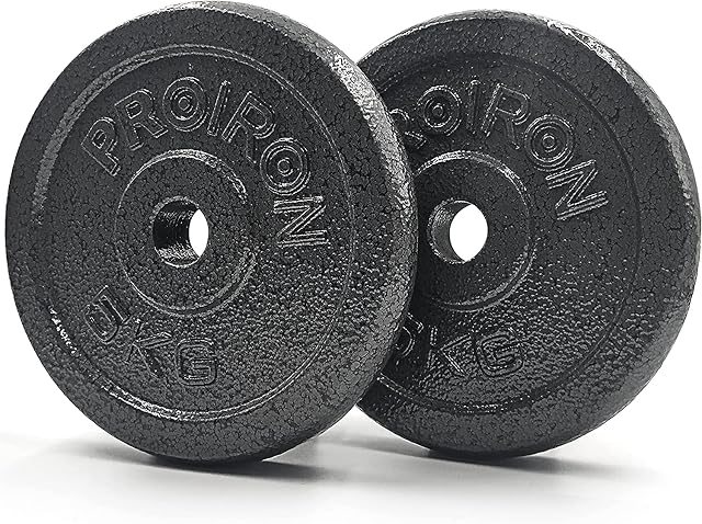 Due dischi in ghisa PROIRON marcati 5KG, finitura nera martellata, la marca in rilievo intorno al foro