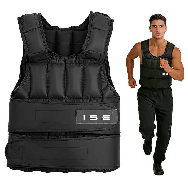 Gilet zavorrato ISE tutto nero, tasche trapuntate sul petto e un'ampia fascia in vita avvolgente