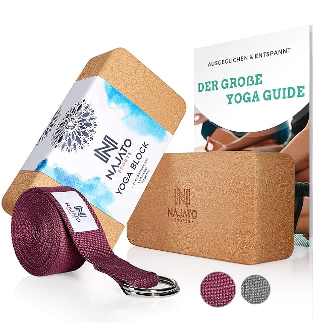 Coppia NAJATO di blocchi yoga in sughero con una cinghia da yoga in cotone
